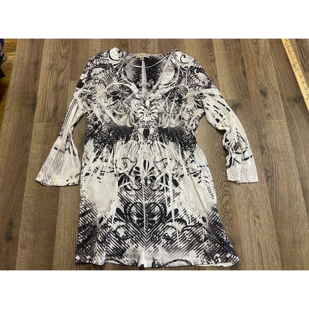 Live And Let Live Dress, Women's Size Large, Black White, V-neck, 3/4 Sleeve